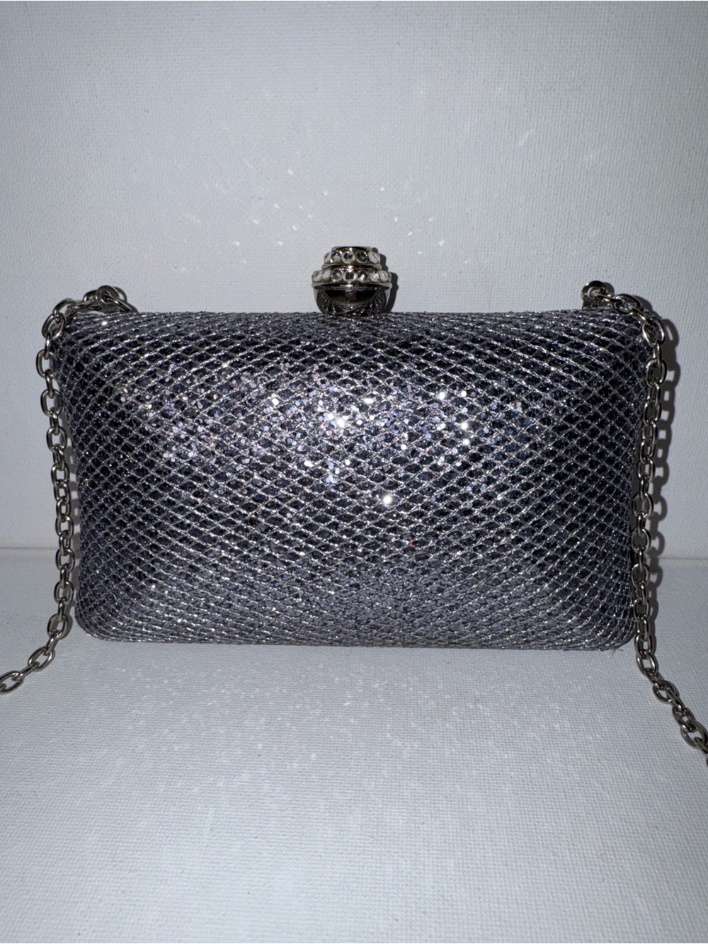 Expressions NYC Silver Rhinestone Hard Case Clutch Sparkly Evening Bag